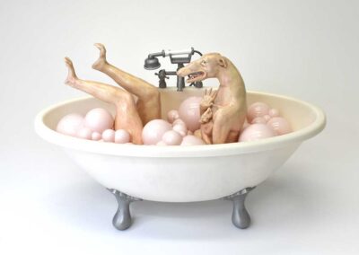 The bathtub scene by Eva Polzer ceramic, underglaze, glaze, acrylic ink, American Girl Doll bathtub set