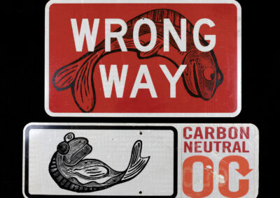 Wrong Way, Woodcut on Street Sign